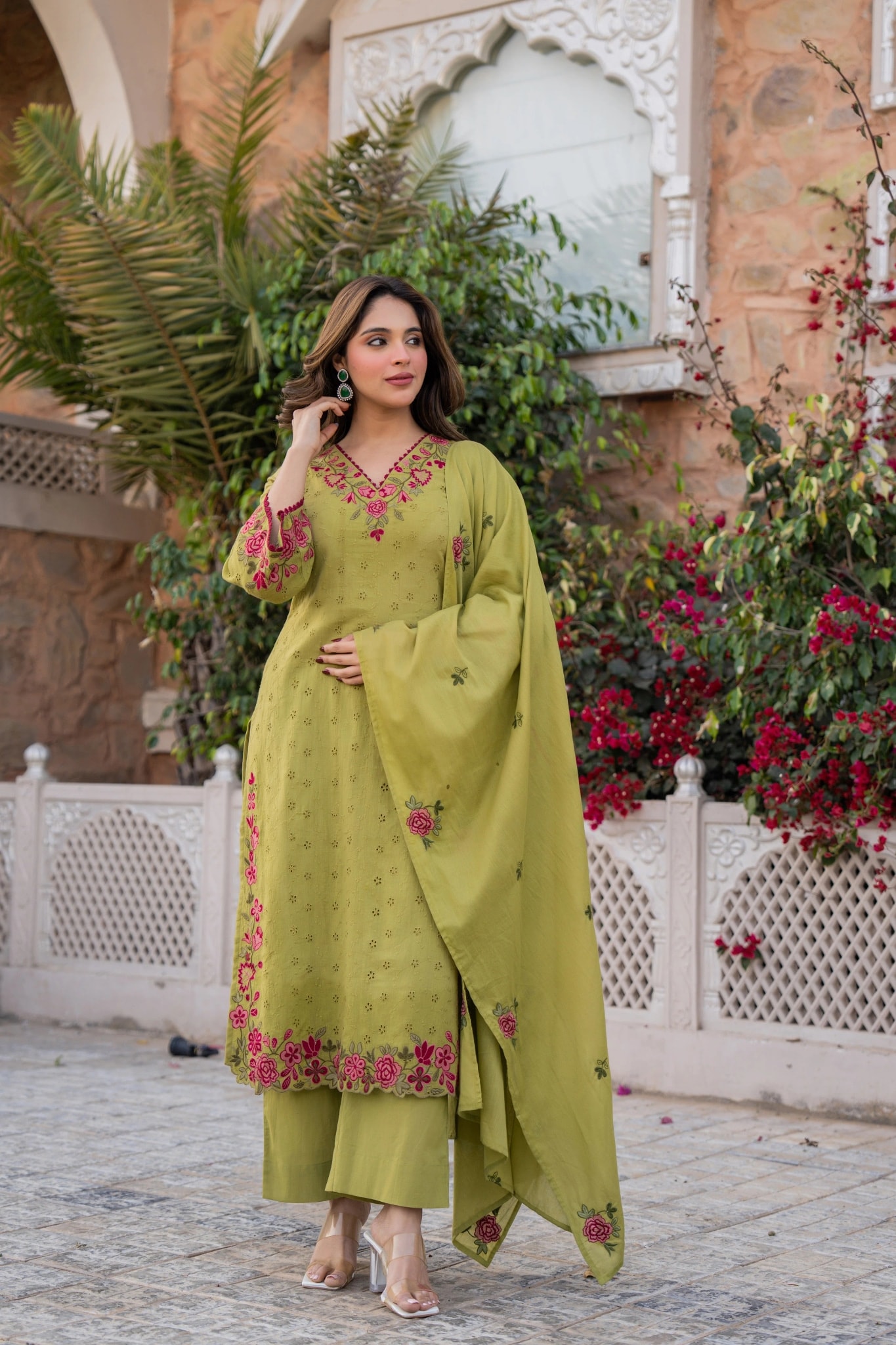 Olive Bloom Cotton Chiffli Suit Set - alternate view