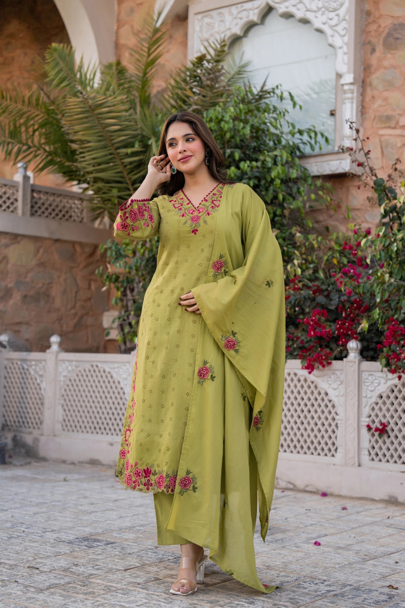 Olive Bloom Cotton Chiffli Suit Set