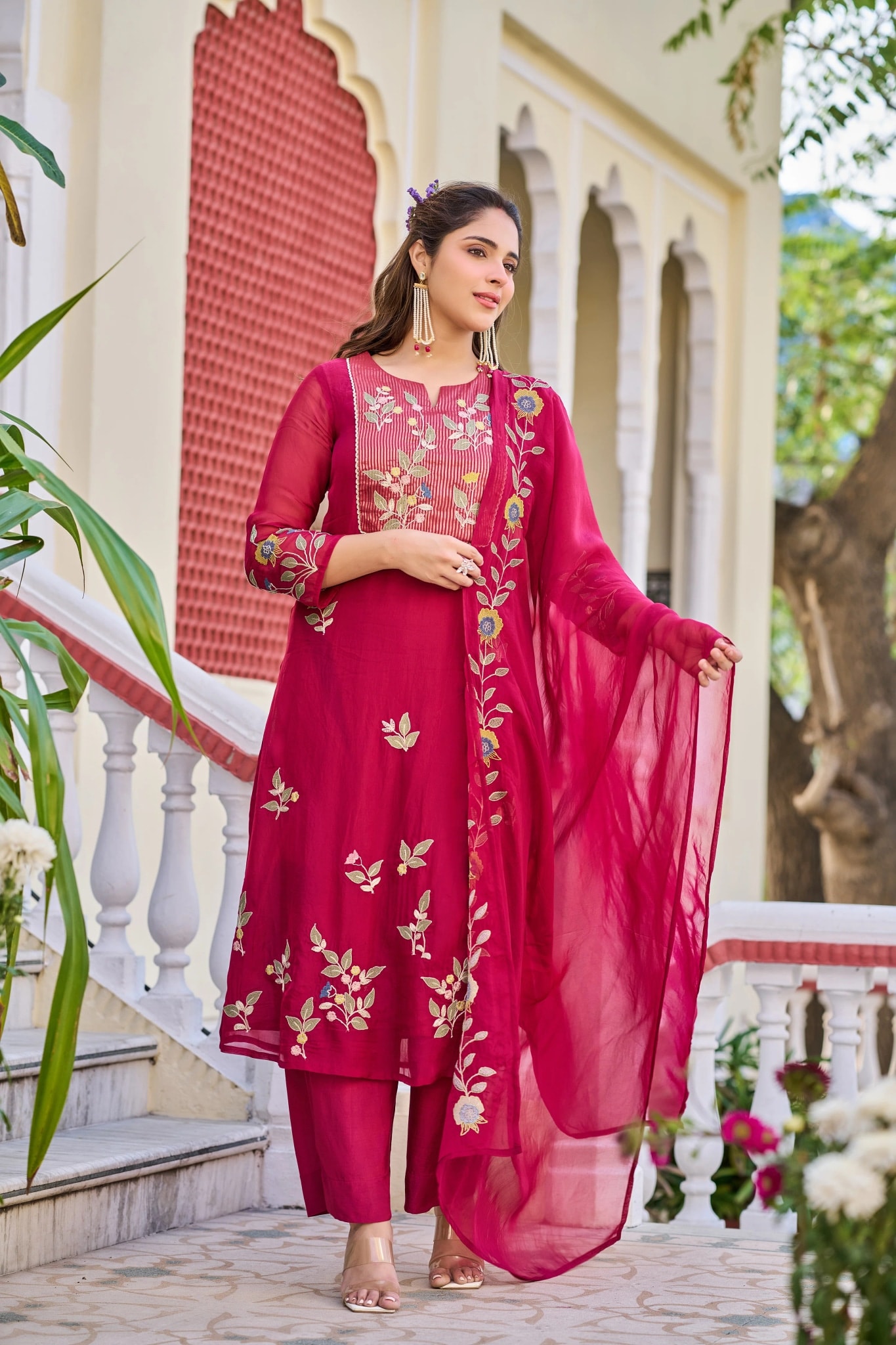 Crimson Bloom Organza Suit Set