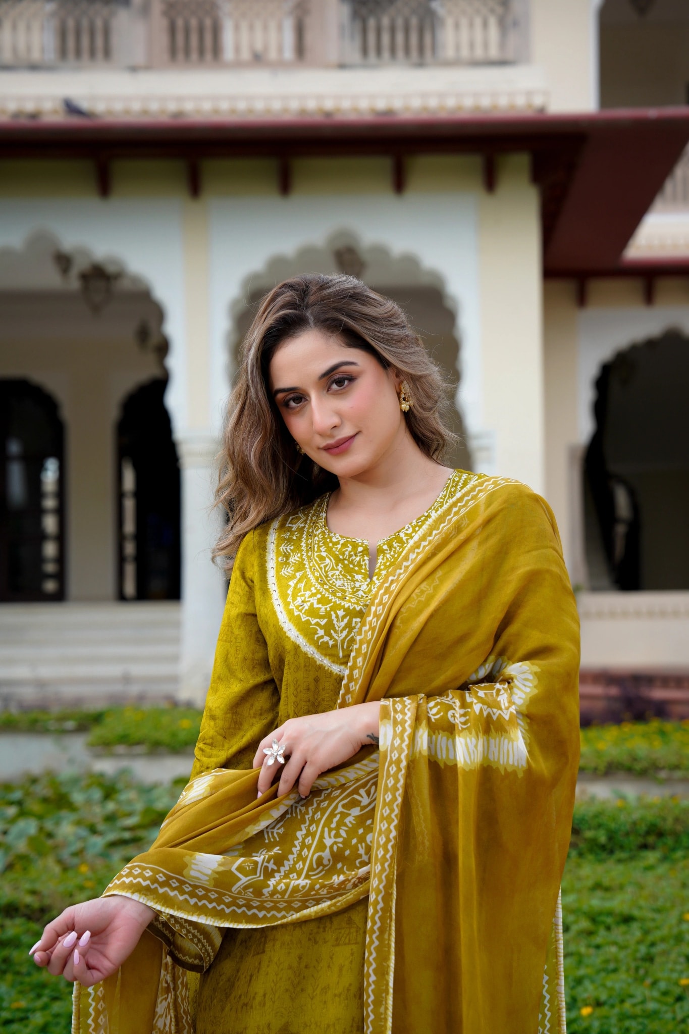 Olive Whisper Russian Silk Printed Suit Set - alternate view