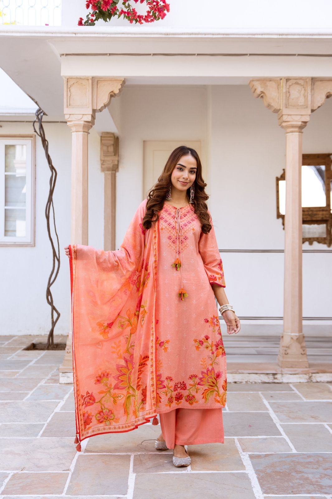 Peach and Green Floral Embroidered cotton flex Kurta Set with Dupatta - alternate view