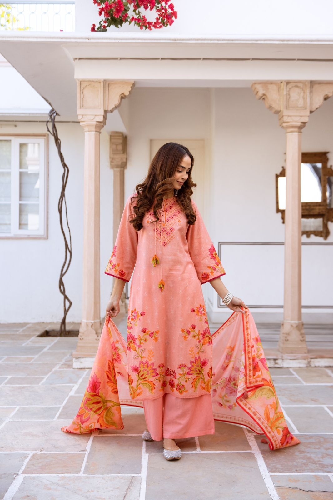 Peach and Green Floral Embroidered cotton flex Kurta Set with Dupatta