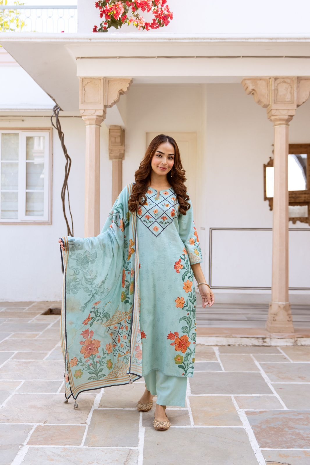 Aqua Blue and Pista Green Floral Printed Natural Cotton Flex Kurta Set with Dupatta - alternate view