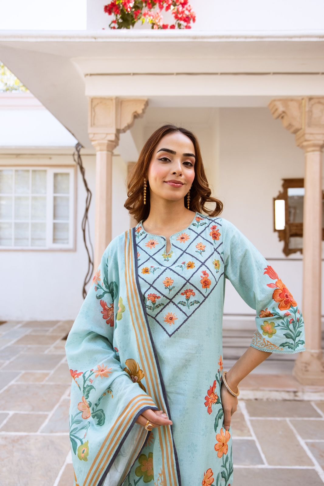 Aqua Blue and Pista Green Floral Printed Natural Cotton Flex Kurta Set with Dupatta