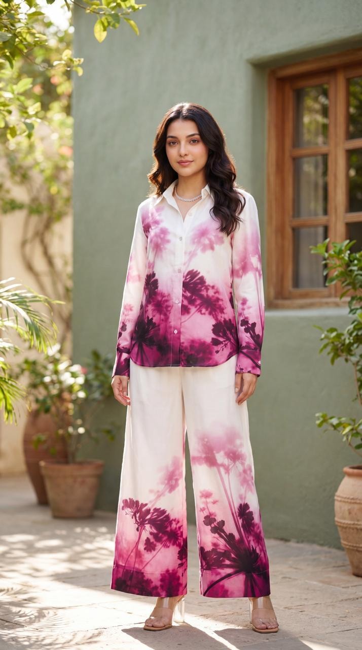 Indigo Blue and Magenta Pink Muslin Botanical Print Shirt & Wide-Leg Trouser Co-ord Set - alternate view