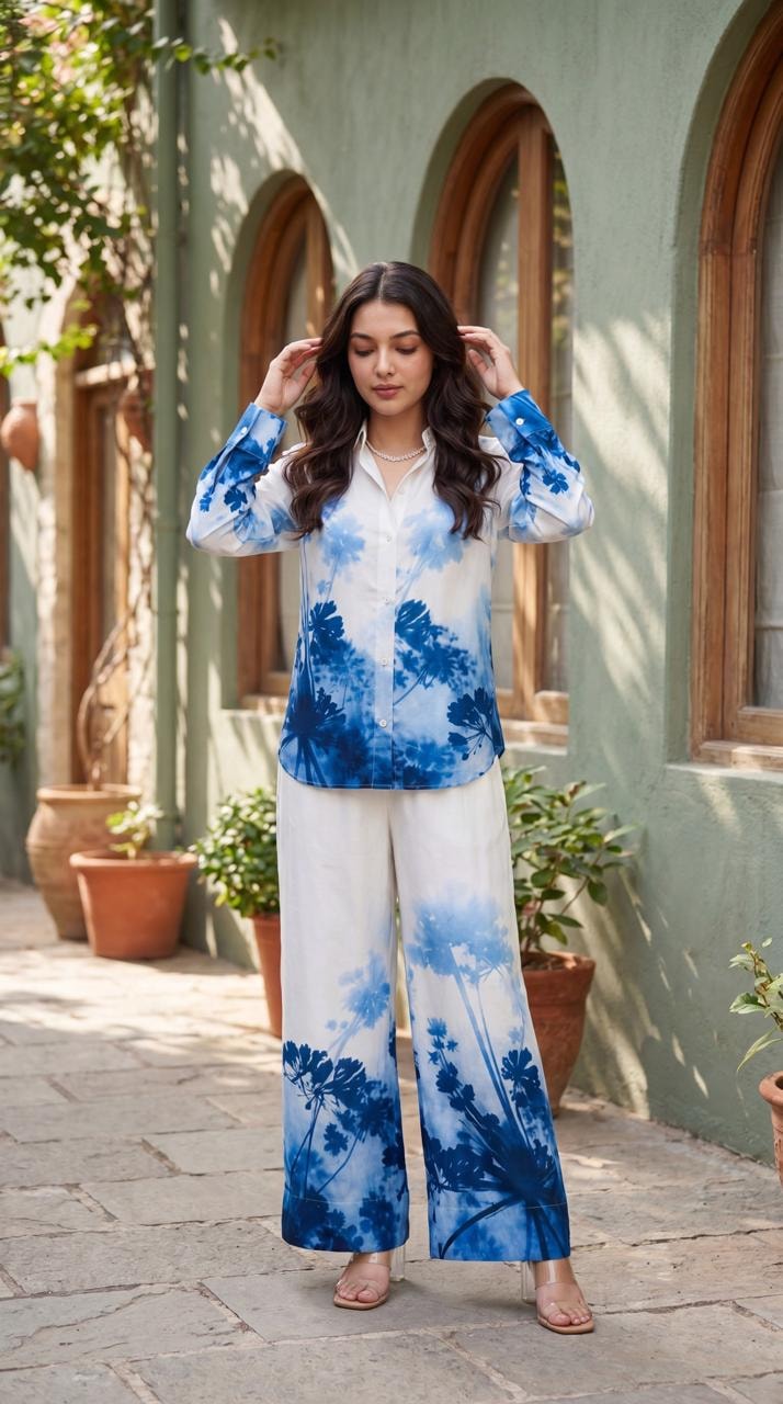 Indigo Blue and Magenta Pink Muslin Botanical Print Shirt & Wide-Leg Trouser Co-ord Set