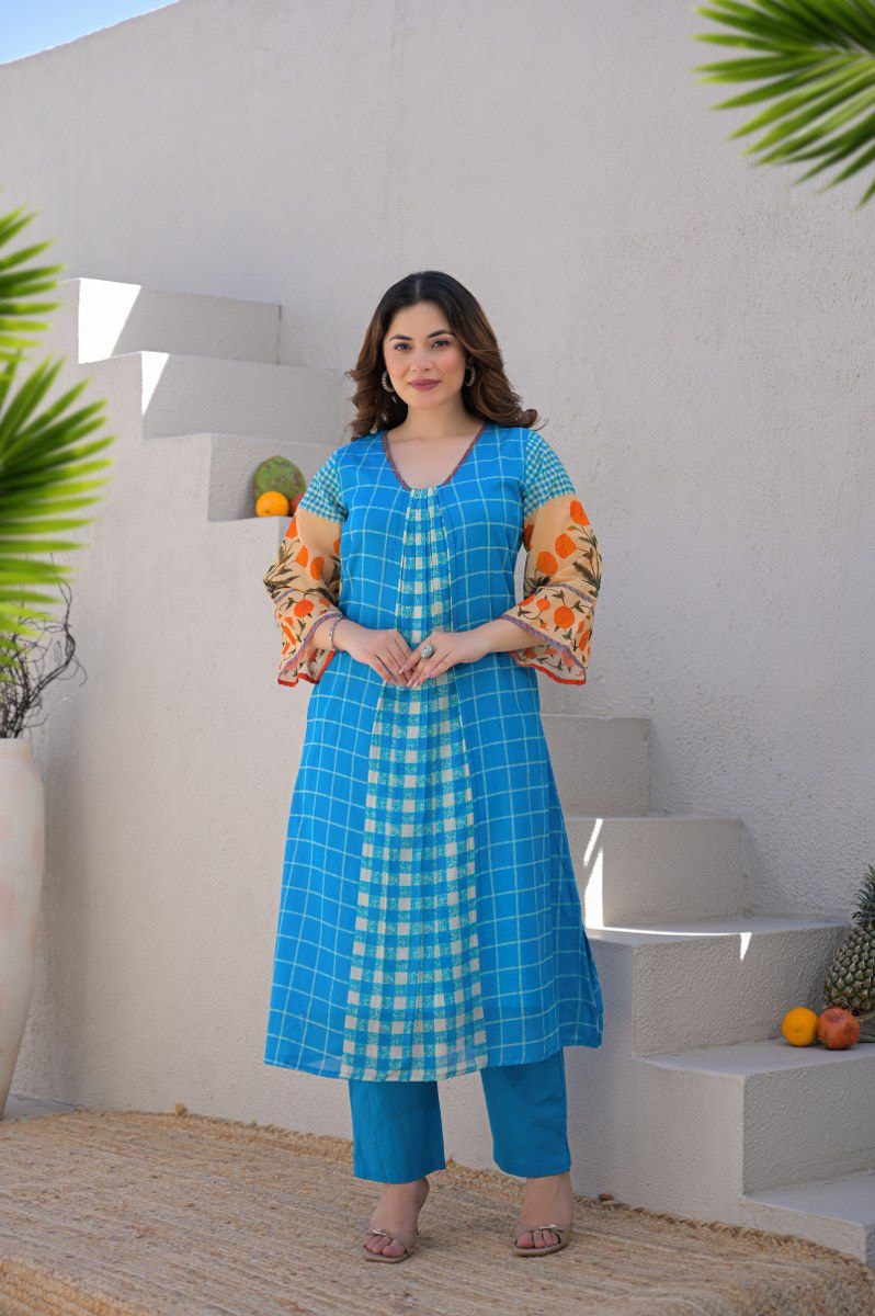 Vibrant Sky Blue Checkered Print Kaftan / Kurta Set with Floral Accent Sleeves