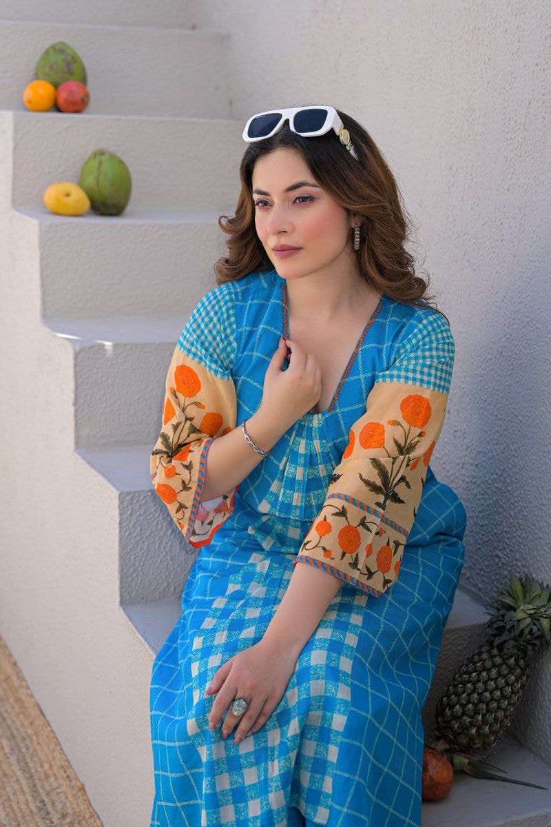 Vibrant Sky Blue Checkered Print Kaftan / Kurta Set with Floral Accent Sleeves - alternate view