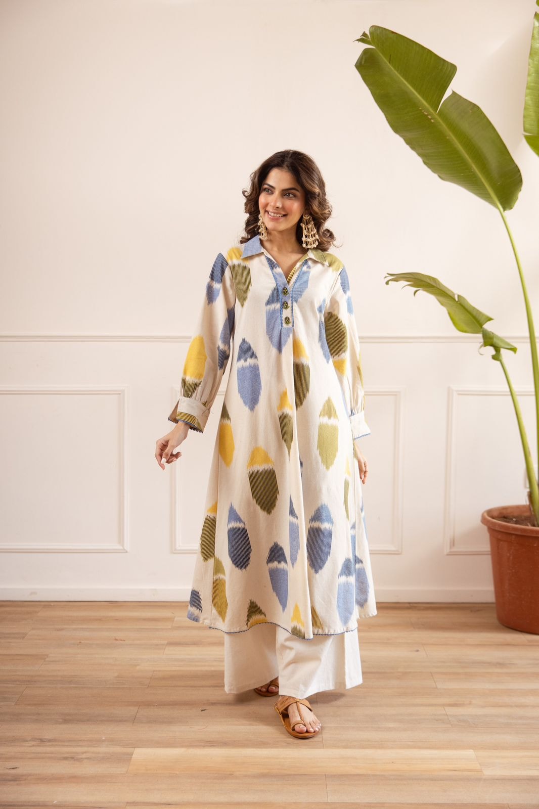 Abstract Ikat Cotton Collar Kurta Set