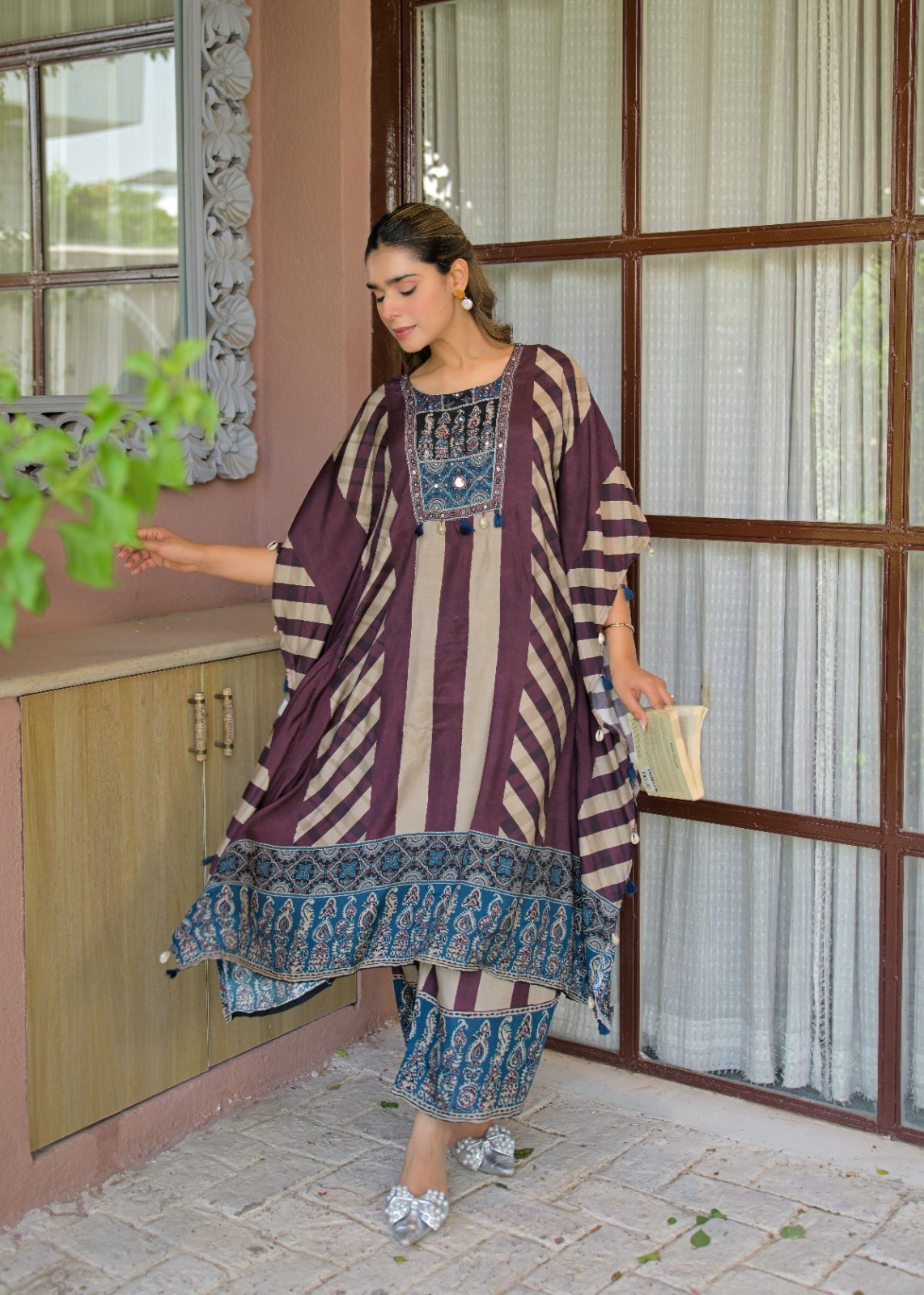 Plum & Beige Bohemian Striped Kaftan Co-Ord Set with Handcrafted Neckline