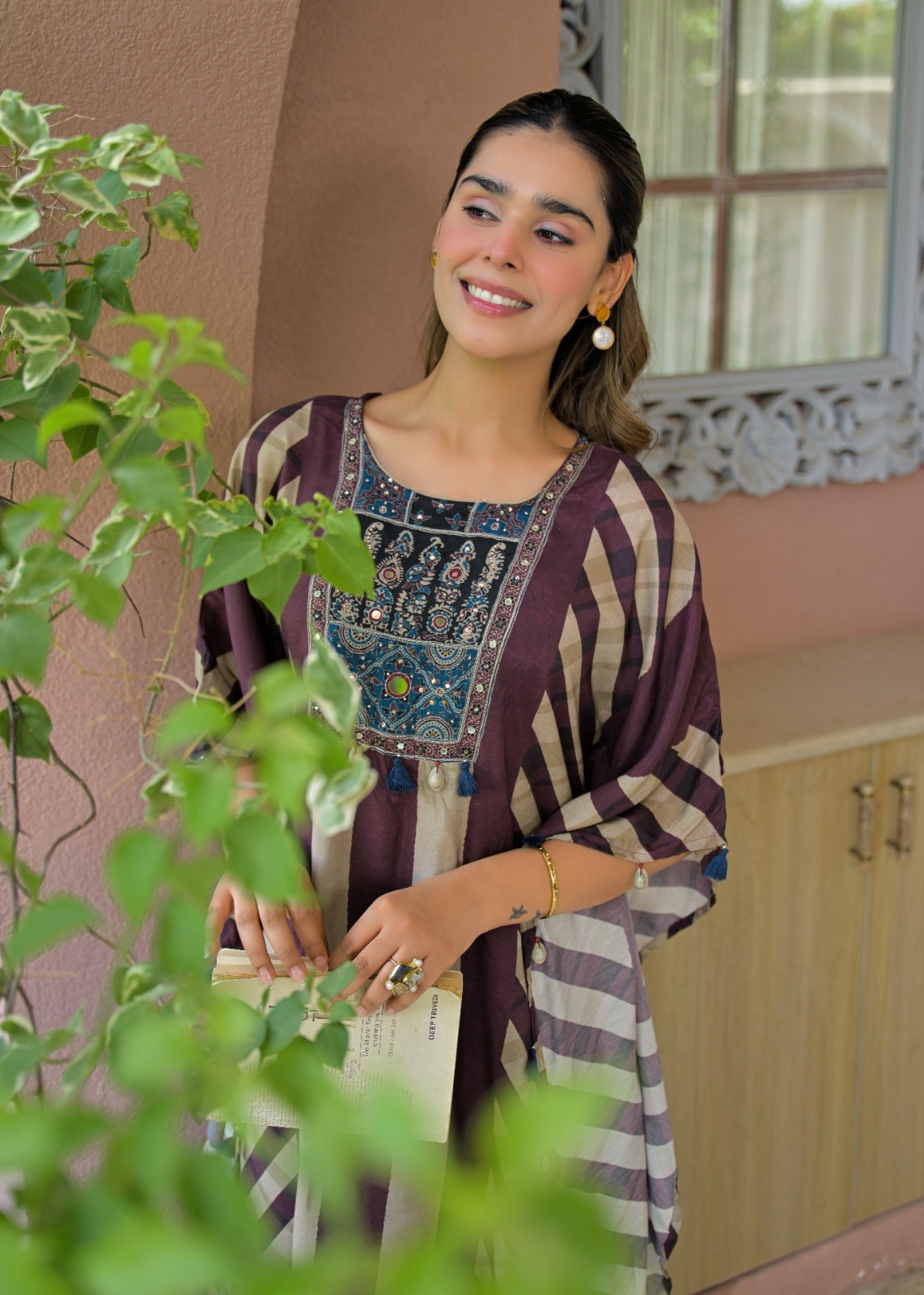 Plum & Beige Bohemian Striped Kaftan Co-Ord Set with Handcrafted Neckline - alternate view