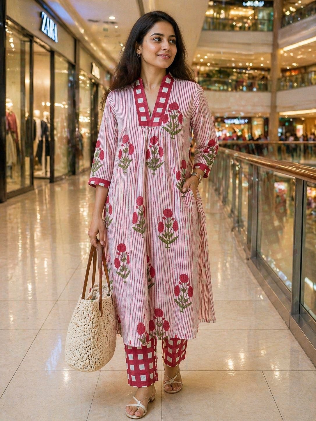 Elegant Pink Floral Printed Cotton Kurta Set