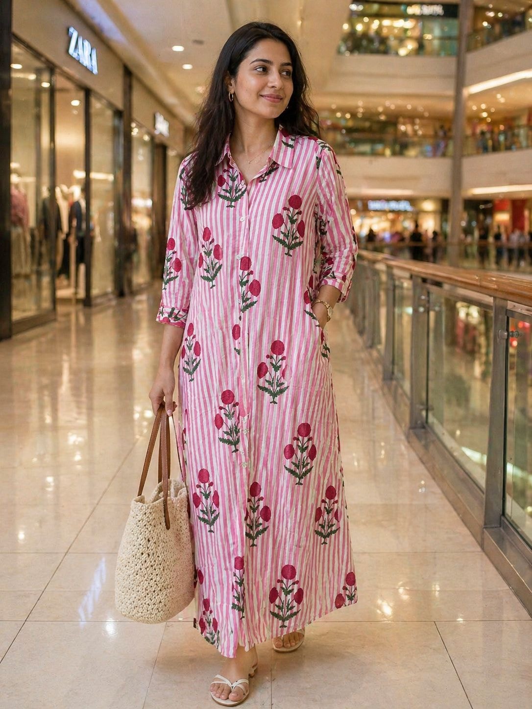 Elegant Pink Striped Floral Cotton Shirt Dress