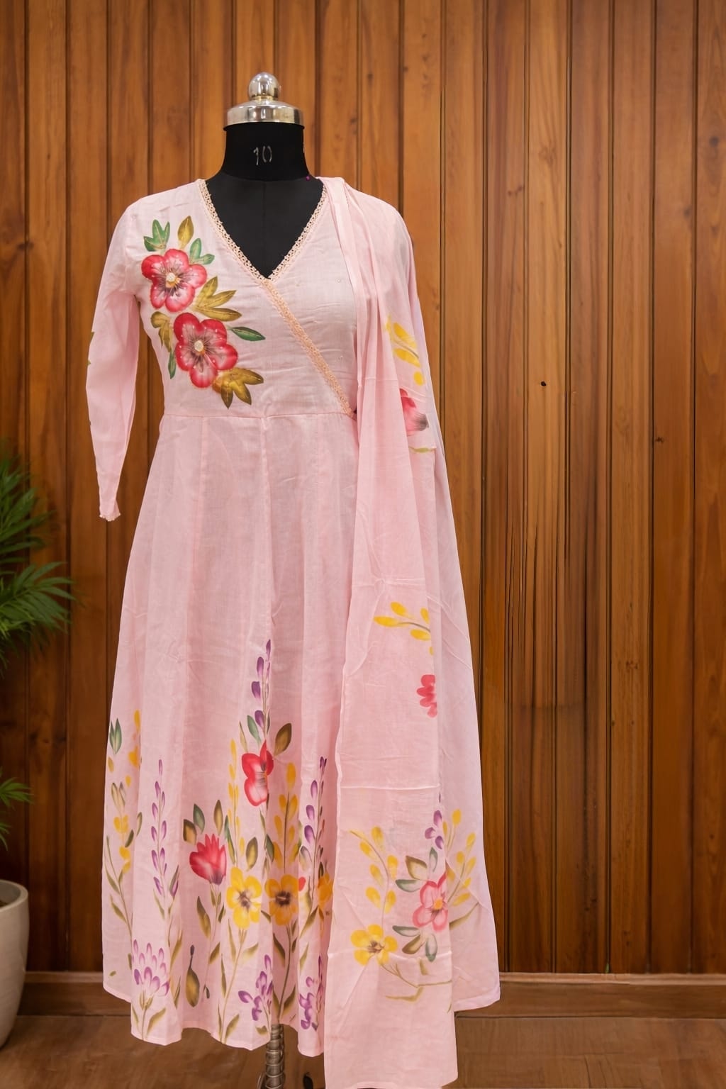 Mul Cotton Hand Painted Hand Embroidered Anarkali With Lining