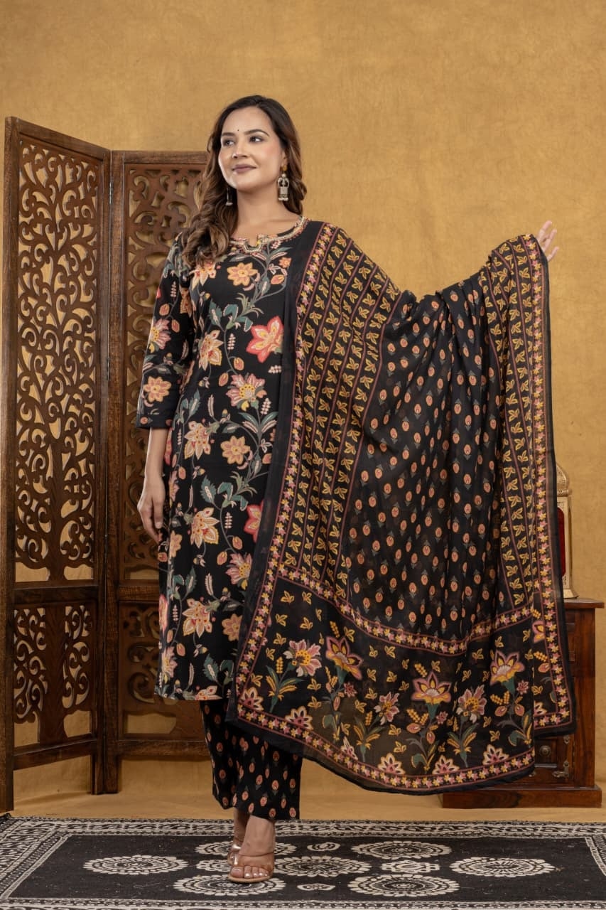 Kurta Set with Soft Floral Prints and cut Dana neckline - alternate view
