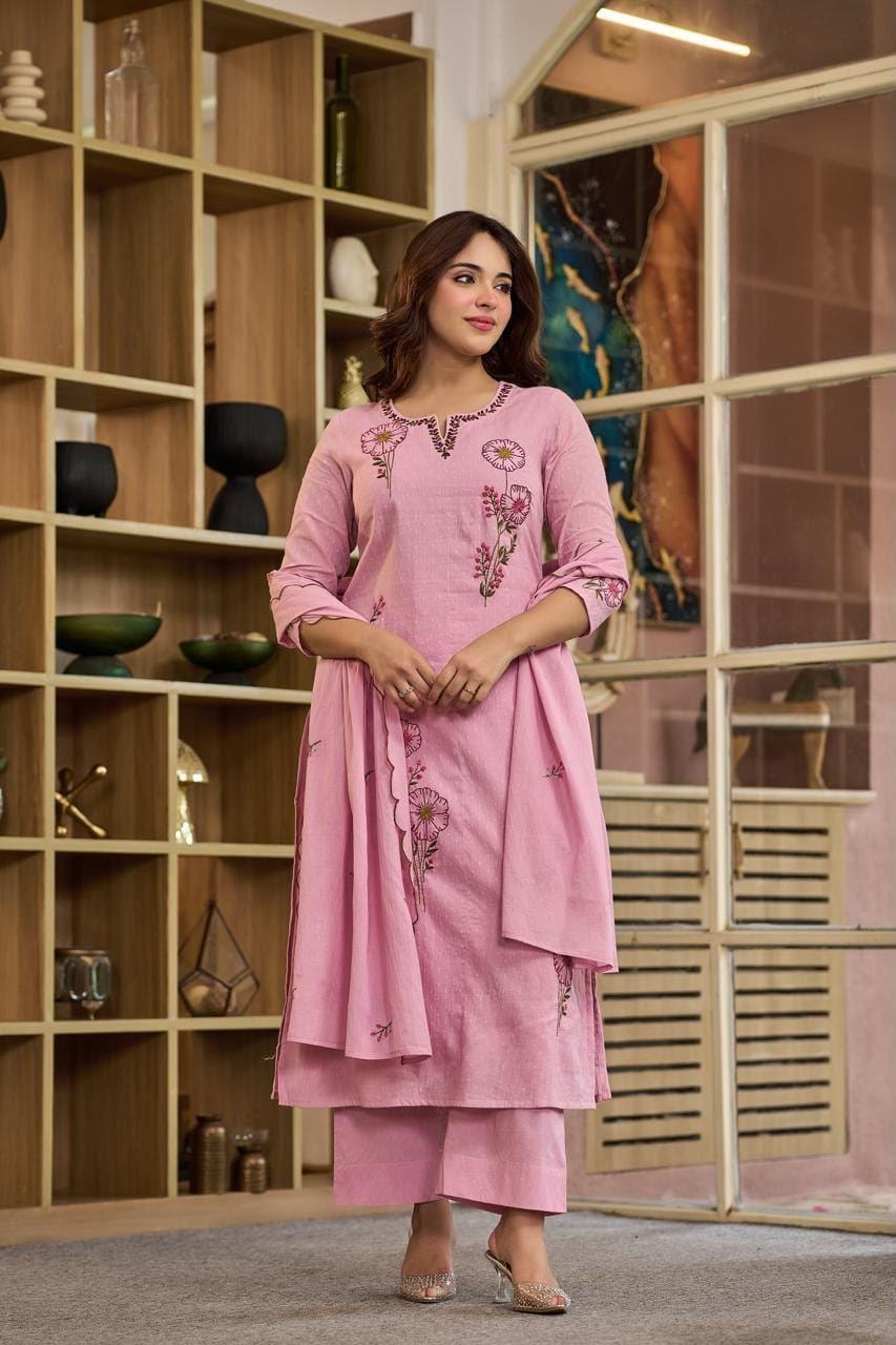 Blush Pink Katha Embroidered Dobby Cotton Suit Set