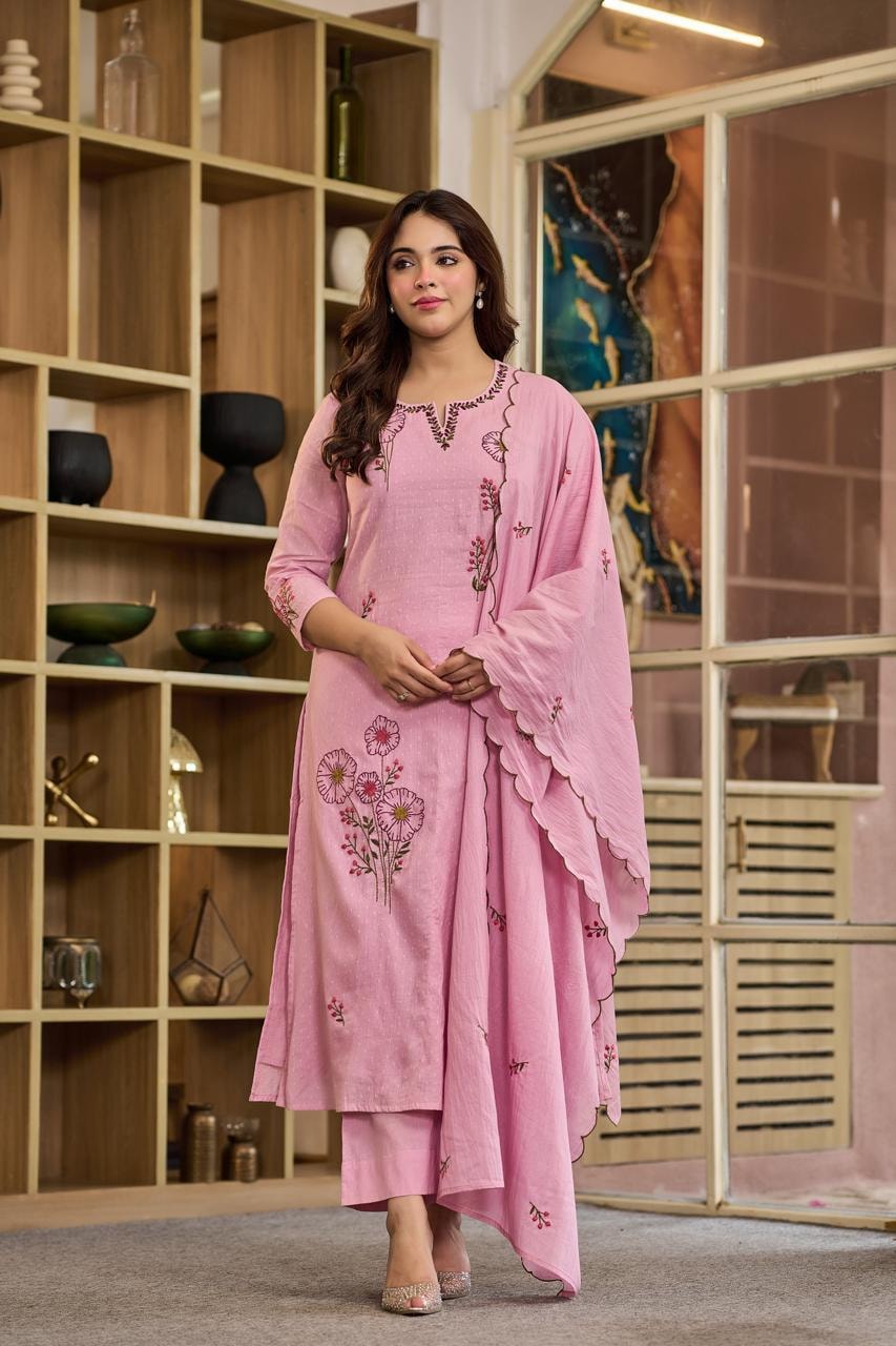 Blush Pink Katha Embroidered Dobby Cotton Suit Set - alternate view