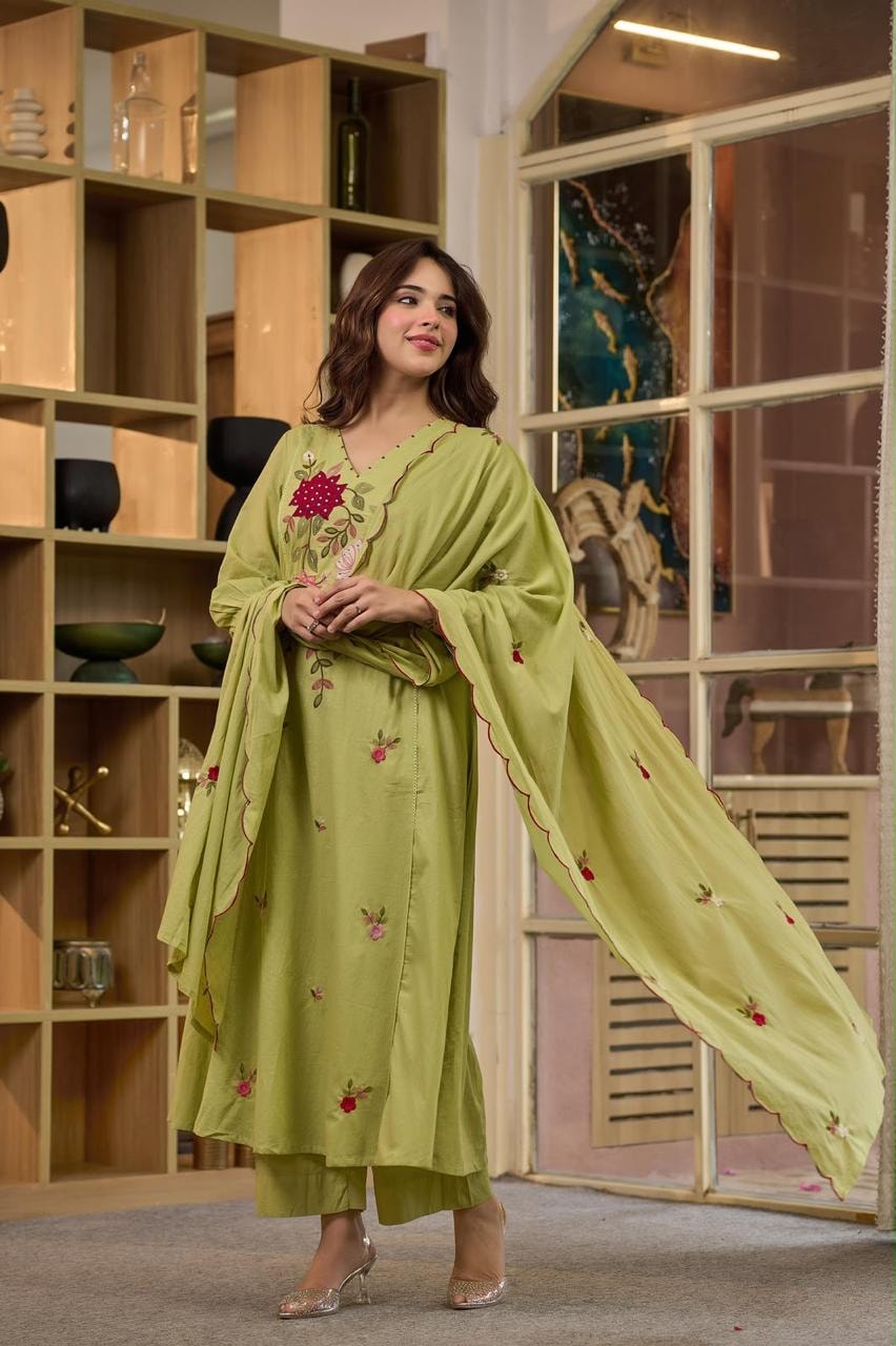 Sage Green Mul Cotton A-Line Kurta Set