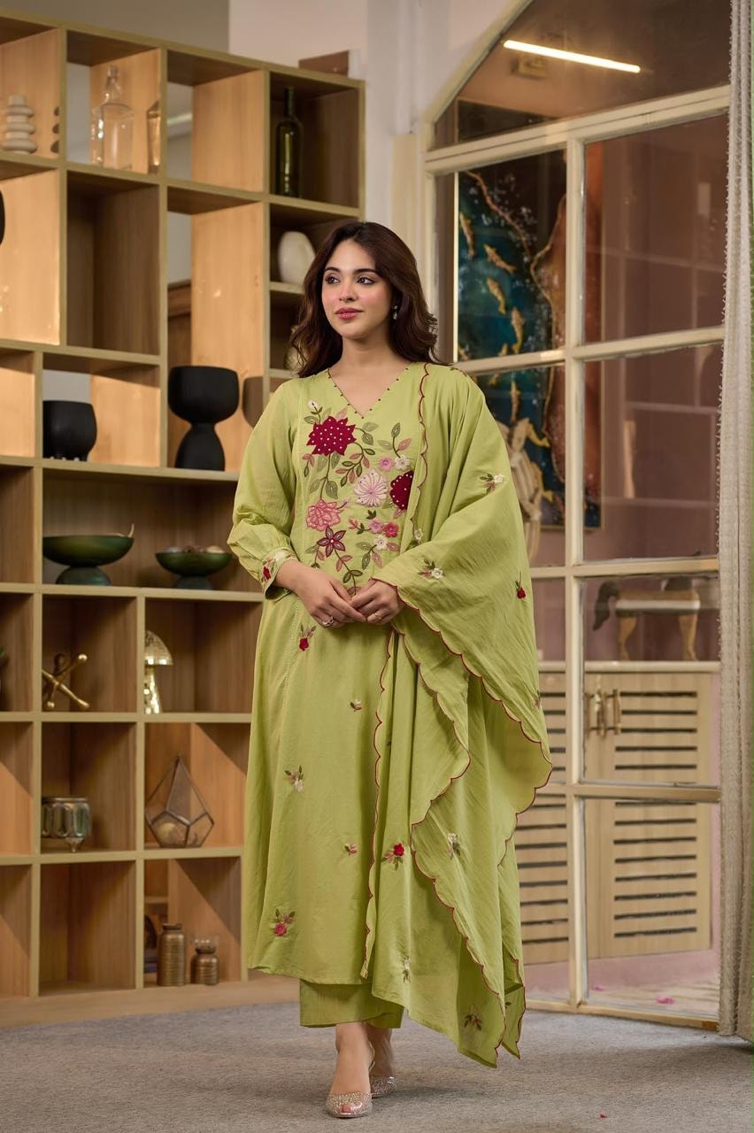 Sage Green Mul Cotton A-Line Kurta Set - alternate view