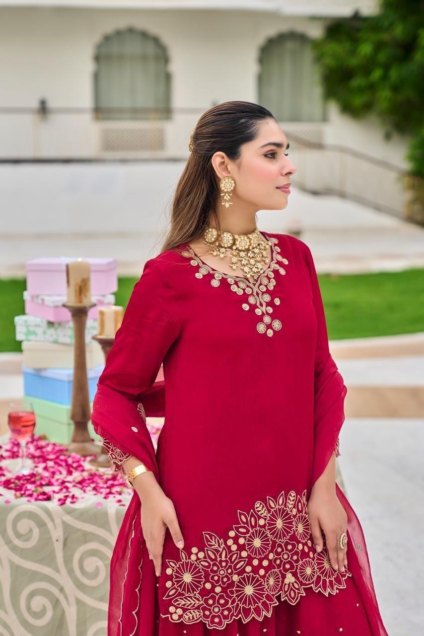 Royal Ruby Red Embroidered Festive Set