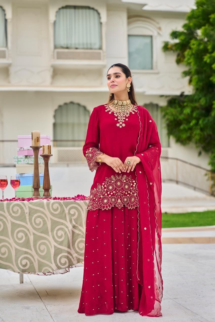 Royal Ruby Red Embroidered Festive Set - alternate view